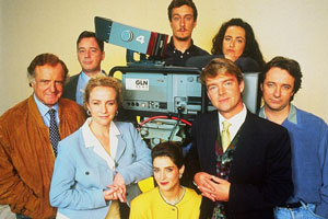 Drop The Dead Donkey. Image shows from L to R: Henry Davenport (David Swift), George Dent (Jeff Rawle), Helen Cooper (Ingrid Lacey), Sally Smedley (Victoria Wicks), Damien Day (Stephen Tompkinson), Gus Hedges (Robert Duncan), Joy Merryweather (Susannah Doyle). Copyright: Hat Trick Productions
