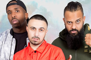 Dropperz. Image shows from L to R: Judas J (Kiell Smith-Bynoe), Flashman (Adam Deacon), Big Gib (Guz Khan)