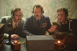 Drunk History. Image shows from L to R: Sir Barnes Wallis (Chris O'Dowd), Sir Arthur Harris (Alexander Armstrong), A.R. 'Dick' Collins (Tom Bennett). Copyright: Tiger Aspect Productions
