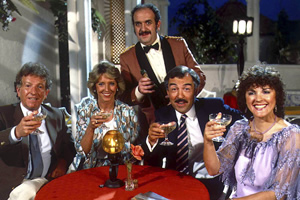 Duty Free. Image shows from L to R: David Pearce (Keith Barron), Linda Cochran (Joanna Van Gyseghem), Carlos (Carlos Douglas), Robert Cochran (Neil Stacy), Amy Pearce (Gwen Taylor). Copyright: Yorkshire Television