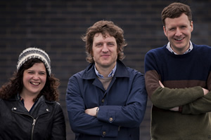 Elis James's Guide To Machynlleth. Image shows from L to R: Llinos Mai, Elis James, Benjamin Partridge