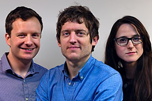 Elis James' Pantheon Of Heroes. Image shows from L to R: Benjamin Partridge, Elis James, Nadia Kamil. Copyright: BBC