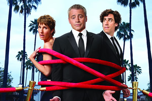 Episodes. Image shows from L to R: Beverly Lincoln (Tamsin Greig), Matt LeBlanc (Matt LeBlanc), Sean Lincoln (Stephen Mangan). Copyright: Hat Trick Productions / BBC