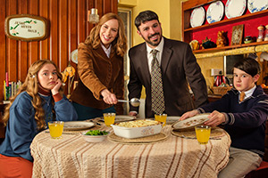 Everyone Else Burns. Image shows left to right: Rachel (Amy James-Kelly), Fiona Lewis (Kate O'Flynn), David Lewis (Simon Bird), Aaron (Harry Connor)