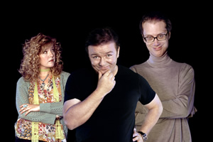 Extras. Image shows from L to R: Maggie Jacobs (Ashley Jensen), Andy Millman (Ricky Gervais), Darren Lamb (Stephen Merchant) Extras. Image shows from L to R: Maggie Jacobs (Ashley Jensen), Andy Millman (Ricky Gervais), Darren Lamb (Stephen Merchant)