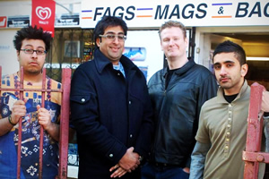 Fags, Mags And Bags. Image shows from L to R: Sanjay (Omar Raza), Ramesh (Sanjeev Kohli), Dave (Donald Mcleary), Alok (Susheel Kumar). Copyright: The Comedy Unit