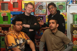 Fags, Mags And Bags. Image shows from L to R: Sanjay (Omar Raza), Dave (Donald Mcleary), Alok (Susheel Kumar), Ramesh (Sanjeev Kohli). Copyright: The Comedy Unit