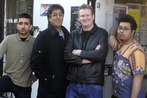 Fags, Mags And Bags. Image shows from L to R: Alok (Susheel Kumar), Ramesh (Sanjeev Kohli), Dave (Donald Mcleary), Sanjay (Omar Raza). Copyright: The Comedy Unit