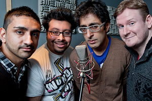 Fags, Mags And Bags. Image shows from L to R: Alok (Susheel Kumar), Sanjay (Omar Raza), Ramesh (Sanjeev Kohli), Dave (Donald Mcleary). Copyright: The Comedy Unit