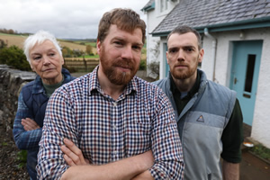 The Farm. Image shows from L to R: Mother (Ann-Louise Ross), Jim MacDonald (Jim Smith), Donnie (Chris Forbes). Copyright: BBC