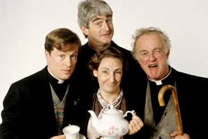 Father Ted. Image shows from L to R: Father Dougal McGuire (Ardal O'Hanlon), Father Ted Crilly (Dermot Morgan), Mrs Doyle (Pauline McLynn), Father Jack Hackett (Frank Kelly). Copyright: Hat Trick Productions