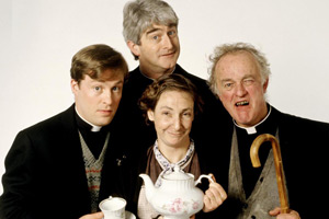 Father Ted. Image shows from L to R: Father Dougal McGuire (Ardal O'Hanlon), Father Ted Crilly (Dermot Morgan), Mrs Doyle (Pauline McLynn), Father Jack Hackett (Frank Kelly). Copyright: Hat Trick Productions Father Ted. Image shows from L to R: Father Dougal McGuire (Ardal O'Hanlon), Father Ted Crilly (Dermot Morgan), Mrs Doyle (Pauline McLynn), Father Jack Hackett (Frank Kelly). Copyright: Hat Trick Productions