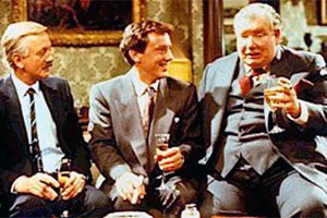 Ffizz. Image shows from L to R: Hugo Walker (Benjamin Whitrow), Alan (Robin Kermode), Jack Mowbray (Richard Griffiths). Copyright: Thames Television