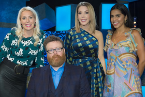 Frankie Boyle's New World Order. Image shows from L to R: Sara Pascoe, Frankie Boyle, Katherine Ryan, Mona Chalabi. Copyright: Zeppotron