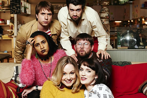 Fresh Meat. Image shows from L to R: Kingsley (Joe Thomas), Vod (Zawe Ashton), Josie (Kimberley Nixon), JP (Jack Whitehall), Howard (Greg McHugh), Oregon (Charlotte Ritchie). Copyright: Objective Productions / Lime Pictures