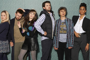 Fresh Meat. Image shows from L to R: Josie (Kimberley Nixon), Howard (Greg McHugh), Oregon (Charlotte Ritchie), JP (Jack Whitehall), Kingsley (Joe Thomas), Vod (Zawe Ashton). Copyright: Objective Productions / Lime Pictures