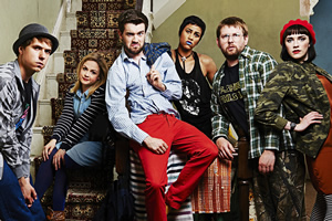 Fresh Meat. Image shows from L to R: Kingsley (Joe Thomas), Josie (Kimberley Nixon), JP (Jack Whitehall), Vod (Zawe Ashton), Howard (Greg McHugh), Oregon (Charlotte Ritchie). Copyright: Objective Productions / Lime Pictures