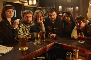 Fresh Meat. Image shows from L to R: Oregon (Charlotte Ritchie), Howard (Greg McHugh), Josie (Kimberley Nixon), JP (Jack Whitehall), Vod (Zawe Ashton), Kingsley (Joe Thomas). Copyright: Objective Productions / Lime Pictures