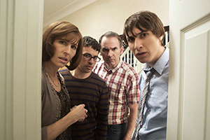 Friday Night Dinner. Image shows left to right: Jackie (Tamsin Greig), Adam (Simon Bird), Martin (Paul Ritter), Jonny (Tom Rosenthal)