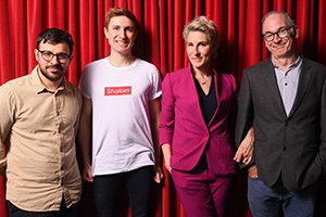 Friday Night Dinner. Image shows from L to R: Adam (Simon Bird), Jonny (Tom Rosenthal), Jackie (Tamsin Greig), Martin (Paul Ritter)