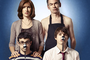 Friday Night Dinner. Image shows from L to R: Jackie (Tamsin Greig), Adam (Simon Bird), Martin (Paul Ritter), Jonny (Tom Rosenthal)