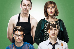 Friday Night Dinner. Image shows from L to R: Martin (Paul Ritter), Adam (Simon Bird), Jackie (Tamsin Greig), Jonny (Tom Rosenthal)