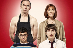 Friday Night Dinner. Image shows from L to R: Martin (Paul Ritter), Adam (Simon Bird), Jackie (Tamsin Greig), Jonny (Tom Rosenthal)