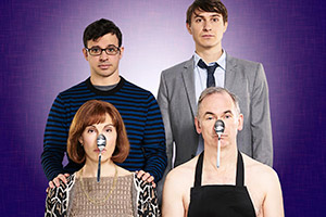 Friday Night Dinner. Image shows from L to R: Jackie (Tamsin Greig), Adam (Simon Bird), Jonny (Tom Rosenthal), Martin (Paul Ritter)