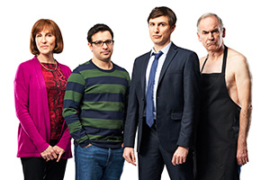 Friday Night Dinner. Image shows from L to R: Jackie (Tamsin Greig), Adam (Simon Bird), Jonny (Tom Rosenthal), Martin (Paul Ritter)