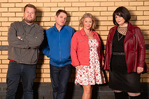 Gavin & Stacey. Image shows left to right: Smithy (James Corden), Gavin (Mathew Horne), Stacey (Joanna Page), Nessa (Ruth Jones). Credit: Tidy Productions, Fulwell 73 Productions, BBC, Tom Jackson