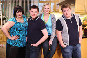 Gavin & Stacey. Image shows from L to R: Nessa (Ruth Jones), Gavin (Mathew Horne), Stacey (Joanna Page), Smithy (James Corden). Copyright: Baby Cow Productions