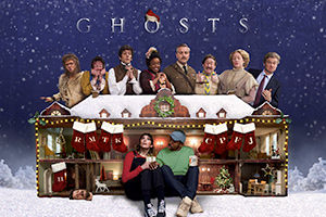 Ghosts. Image shows left to right: Robin (Laurence Rickard), Mary (Katy Wix), Thomas (Mathew Baynton), Alison (Charlotte Ritchie), Mike (Kiell Smith-Bynoe), Kitty (Lolly Adefope), Captain (Ben Willbond), Pat (Jim Howick), Lady Button (Martha Howe-Douglas), Julian (Simon Farnaby)