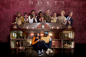 Ghosts. Image shows from L to R: Robin (Laurence Rickard), Humphrey (Laurence Rickard), Mary (Katy Wix), Thomas (Mathew Baynton), Alison (Charlotte Ritchie), Kitty (Lolly Adefope), Mike (Kiell Smith-Bynoe), Captain (Ben Willbond), Pat (Jim Howick), Lady Button (Martha Howe-Douglas), Julian (Simon Farnaby). Copyright: Monumental Pictures