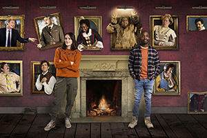 Ghosts. Image shows from L to R: Julian (Simon Farnaby), Pat (Jim Howick), Captain (Ben Willbond), Thomas (Mathew Baynton), Alison (Charlotte Ritchie), Kitty (Lolly Adefope), Robin (Laurence Rickard), Mike (Kiell Smith-Bynoe), Lady Button (Martha Howe-Douglas), Mary (Katy Wix), Humphrey (Laurence Rickard). Copyright: Monumental Pictures