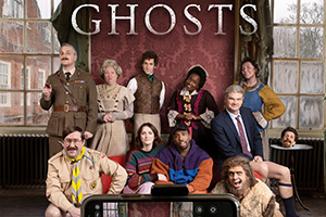 Ghosts. Image shows from L to R: Captain (Ben Willbond), Pat (Jim Howick), Lady Button (Martha Howe-Douglas), Alison (Charlotte Ritchie), Thomas (Mathew Baynton), Mike (Kiell Smith-Bynoe), Kitty (Lolly Adefope), Julian (Simon Farnaby), Robin (Laurence Rickard), Mary (Katy Wix), Humphrey (Laurence Rickard). Copyright: Monumental Pictures