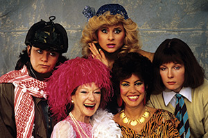 Girls On Top. Image shows left to right: Amanda Ripley (Dawn French), Lady Chloe Carlton (Joan Greenwood), Candice Valentine (Tracey Ullman), Shelley DuPont (Ruby Wax), Jennifer Marsh (Jennifer Saunders)