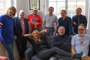 The Glove meeting. Image shows from L to R: Vic Reeves, Bob Mortimer, Morgana Robinson, Noel Fielding, Matt Lucas, Tim Key, Tony Pitts, Paul Whitehouse, Tony Way