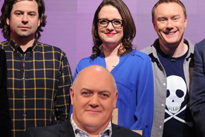 Dara O Briain's Go 8 Bit. Image shows from L to R: Sam Pamphilon, Dara O Briain, Ellie Gibson, Steve McNeil. Copyright: DLT Entertainment Ltd.