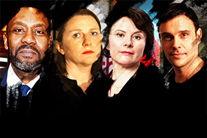 God Of Carnage. Image shows from L to R: Michael (Lenny Henry), Veronica (Rosie Cavaliero), Annette (Monica Dolan), Alan (Joseph Millson). Copyright: Catherine Bailey Productions Limited