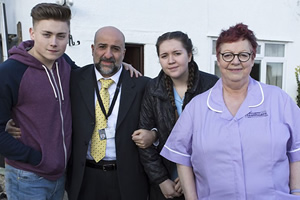 Going Forward. Image shows from L to R: Max Wilde (Ben Colbert), Dave Wilde (Omid Djalili), Kelly Wilde (Imogen Byron), Kim Wilde (Jo Brand). Copyright: Vera Productions