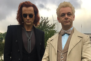 Good Omens. Image shows from L to R: Crowley (David Tennant), Aziraphale (Michael Sheen)