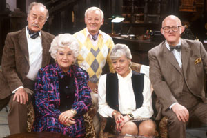 Grace & Favour. Image shows from L to R: Captain Stephen Peacock (Frank Thornton), Mrs. Betty Slocombe (Mollie Sugden), Mr. Wilberforce Clayborne Humphries (John Inman), Miss Shirley Brahms (Wendy Richard), Mr. Cuthbert Rumbold (Nicholas Smith). Copyright: BBC