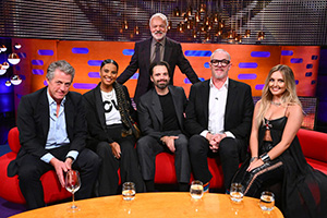 The Graham Norton Show. Image shows left to right: Hugh Grant, Neneh Cherry, Graham Norton, Sebastian Stan, Greg Davies, Perrie Edwards