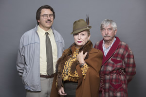 Grandpa's Great Escape. Image shows from L to R: Barry (David Walliams), Miss Dandy (Jennifer Saunders), Grandpa (Tom Courtenay). Copyright: King Bert Productions