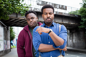 Hailmakers. Image shows from L to R: Sol (Samson Kayo), Saz (Akemnji Ndifornyen). Copyright: BBC