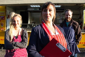 Halfway. Image shows from L to R: Lucy (Kristy Philipps), Carol (Laura Dalgleish), Dave (Rhodri Evan). Copyright: Small and Clever