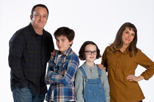 Hank Zipzer. Image shows from L to R: Stan (Neil Fitzmaurice), Hank Zipzer (Nick James), Emily (Madeline Holliday), Rosa (Juliet Cowan)