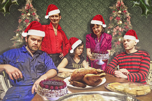 The Harri-Parris' Radio Show. Image shows from L to R: Ifan (Dan Rochford), Deiniol (Rhys Ap Trefor), Anni (Llinos Mai), Mami (Rhian Morgan), Ben (Oliver Wood)