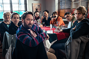 Here We Go. Image shows from L to R: Sue (Alison Steadman), Rachel (Katherine Parkinson), Paul (Jim Howick), Amy (Freya Parks), Maya (Mica Ricketts), Sam (Jude Morgan-Collie), Dean (Ed Kear), Robin (Tom Basden)