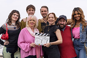 Here We Go. Image shows left to right: Amy (Freya Parks), Sam (Jude Morgan-Collie), Sue (Alison Steadman), Robin (Tom Basden), Rachel (Katherine Parkinson), Paul (Jim Howick), Cherry (Tori Allen-Martin)